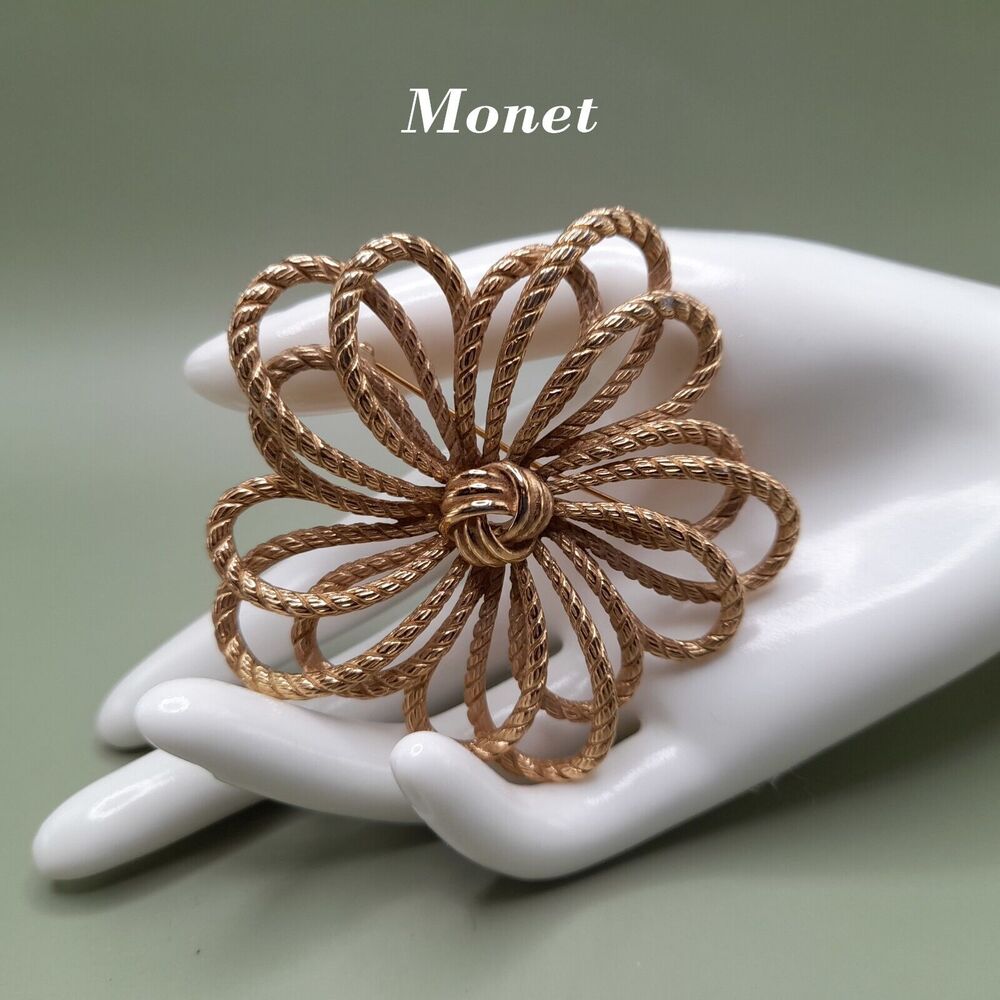 Vintage Brooch MONET Flower Rope Cord Pin, Gold Plated, 3 Inch